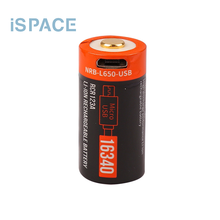 Batterie cylindrique rechargeable Li-ion 16340 3.7V 650mAh USB