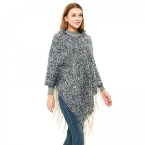 Hot Sale Women Solid Colour Poncho Cape Shawl with Tassel