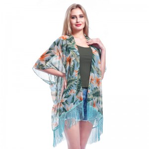 Summer Beach Floral Print Kimono ជាមួយ Tassel សម្រាប់ Lady