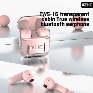 2023 TWS-16 Caurspīdīga dizaina c tipa zilo zobu austiņas, ausīs ievietojamas LED displejs tws mini hifi V5.3 bezvadu Bluetooth austiņas ar mikrofonu