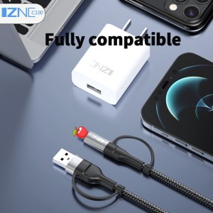 C100 Multi Fast Chargement Cable 3 nan 1 Nylon trese ak Zeklè/USB C/Micro USB chaj