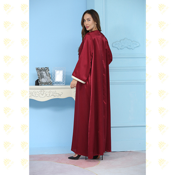 JK018 Deep Red Elegant Embroidery Muslim Kaftan Long Dress