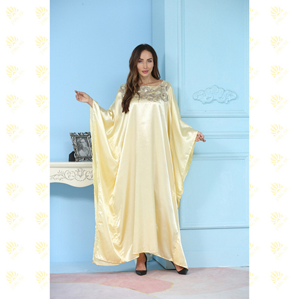 JK020 Gold Elegant Flower Embroidery Muslim Kaftan Long Dress