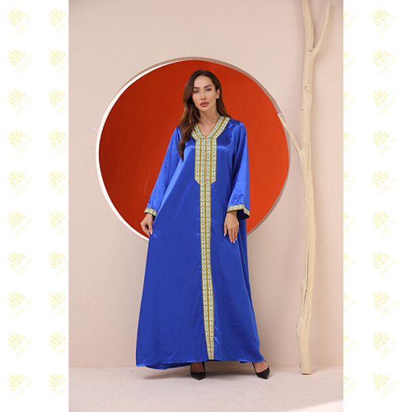 JK025 Blue Lace Trim Embroidery Muslim Kaftan Long Dress Featured Image