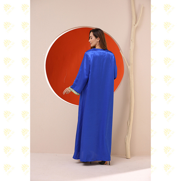 JK025 Blue Lace Trim Embroidery Muslim Kaftan Long Dress