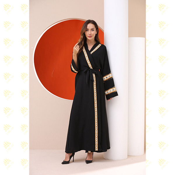 JK034 Black Sexy Sleeve Trim Embroidery Muslim Kaftan Long Dress Featured Image