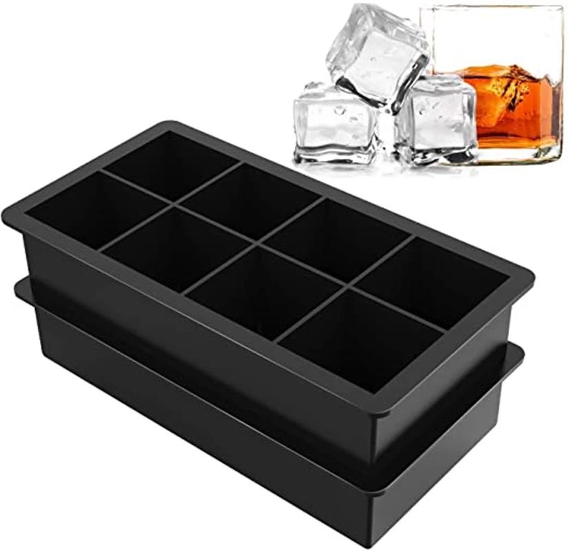 8 Cavity Stackable Freezer e Hlōlehileng Silicone E Khōlō ea Sekwere Cube Mold Pan Ice Cube Tray bakeng sa Cream ea Whisky