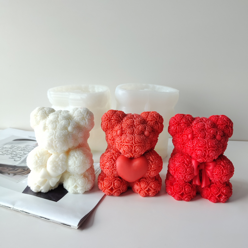 J1209 Desain Anyar Dekorasi Kamar Tidur Kado Pesta Ulang Tahun Souvenir Pernikahan 3D Cute Rose Bear Cetakan Lilin Silikon