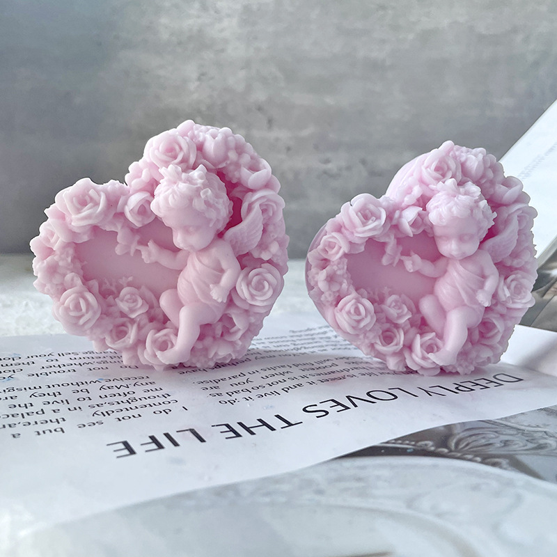 J1140 Направи си сам смола от глина във формата на сърце Форми за правене на сапун Розово цвете Baby Angel Силиконова форма за сапун