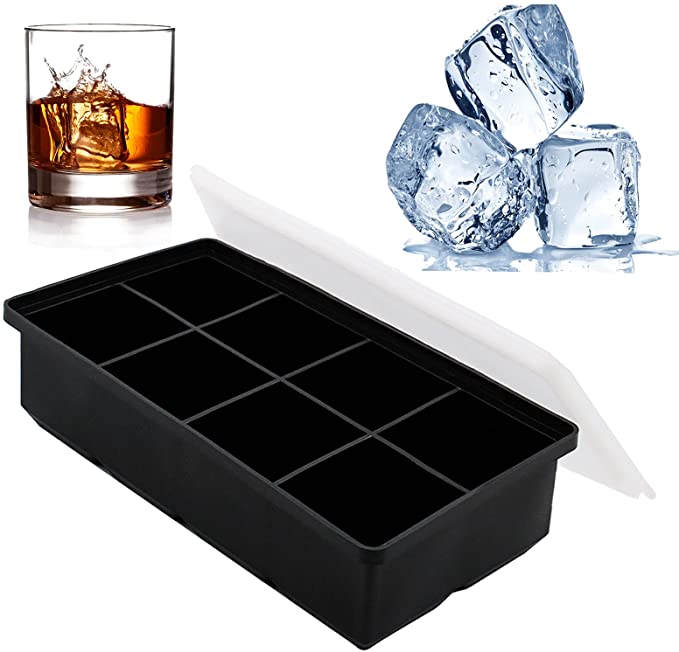 8 Cavity Large Square Cube Silicone Ice Tray Bandeja De Hielo Giant 2 ኢንች የበረዶ ኩብ ሻጋታ ለኮክቴሎች ቦርቦን