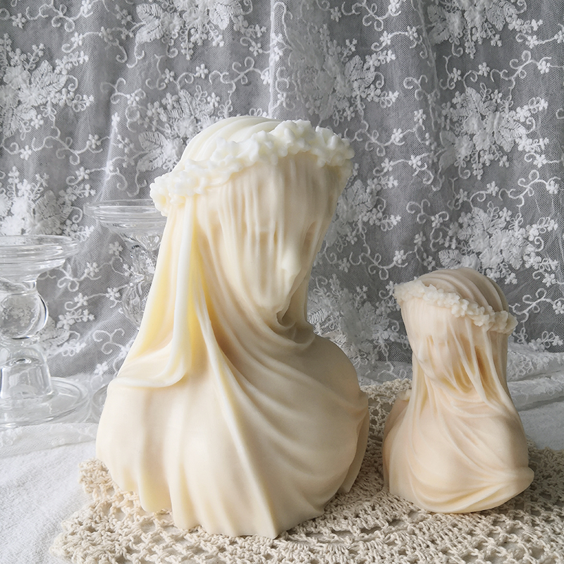 J1157 escultura artística hecha a mano mujer novia busto molde de silicona de gran tamaño velado señora estatua vela molde de silicona