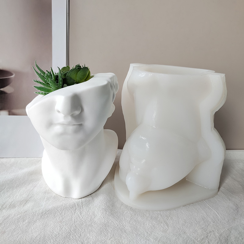 J2119 DIY Handmade Decoration Artist Sculpture Plaster Pot Mold 3D Half Face David Head Silicone Flowerpot Mold