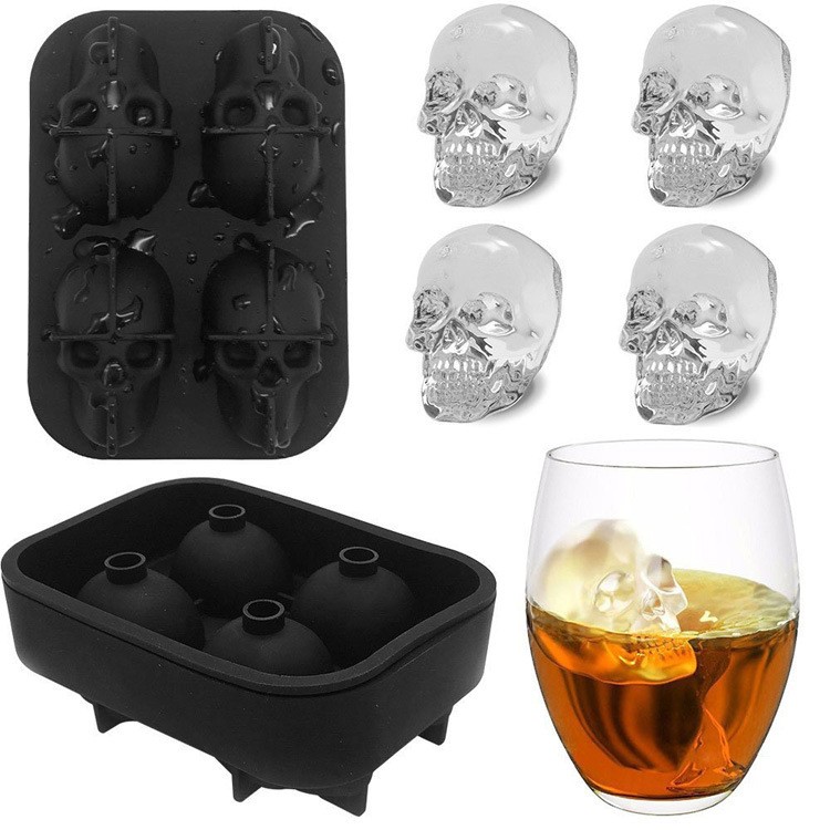 4 Cavity Round Ice Cube Maker 3D Skulls Flexible Reusable Silicone Ice Tray Giant Skull Ice Mould