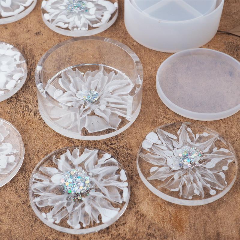 J213 DIY Crafts Accessory Epoxy Resin Coaster Storage Box Mould Set Handmade Crystal Round Coaster Silicone Mold