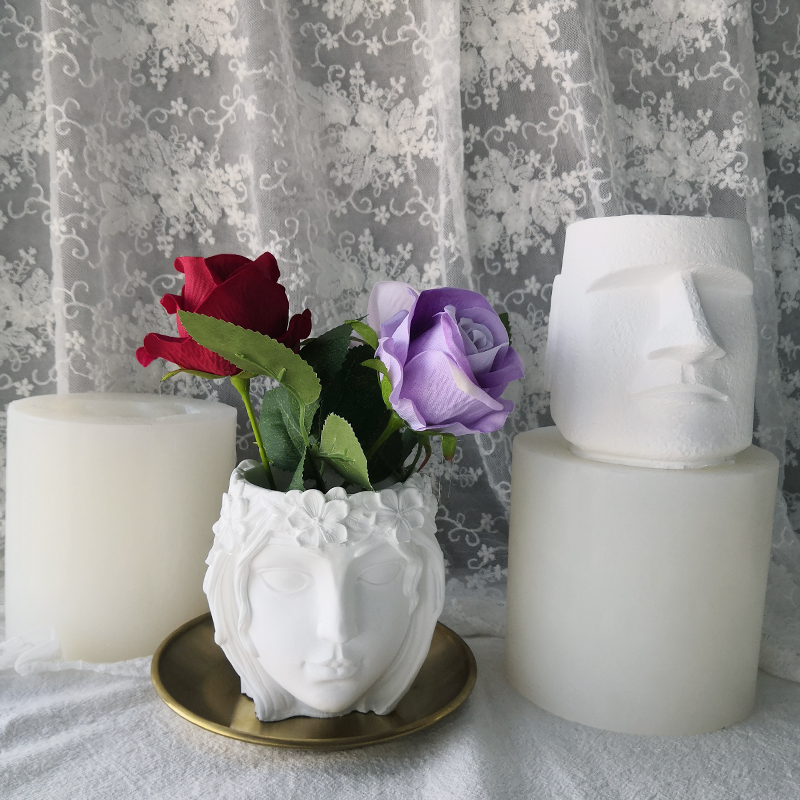 J2111 faça você mesmo vaso de flores castiçal fazendo resina artesanato molde concreto cabeça humana menina rosto vaso cimento silicone molde pote plantador