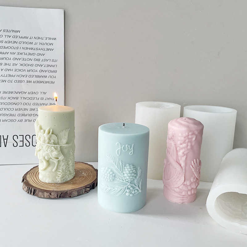 J6-37 Home Decor DIY Silicone Mould Relief Cylindrical Scented Candle Mould Pine Cones Geometric Cylindrical Candle Mould