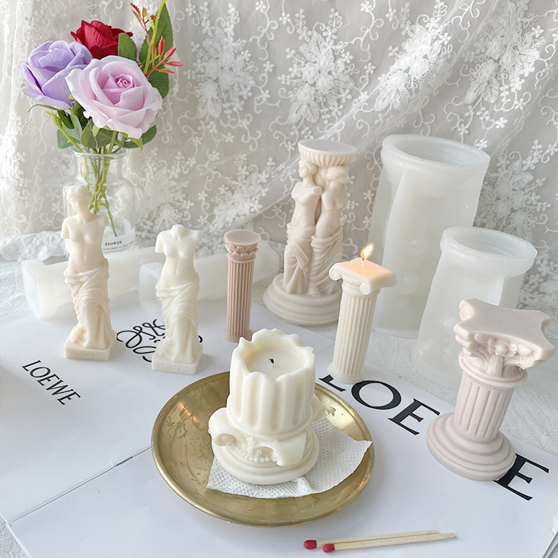 J19 DIY Vintage Venus Goddess Aromatherapy Crafts Candle Mold Handmade Statue Roman Column Silicone Mold