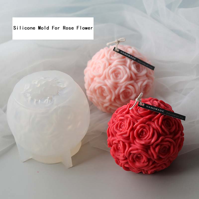 J119 3D គ្រឿងតុបតែងរ៉ូមែនទិកដែលធ្វើដោយដៃធំទំហំធំ DIY Rose Sphere Soap Mold DIY Flower Shape Silicone Candle Mold