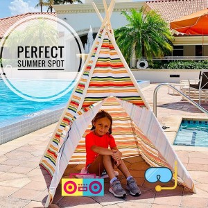 Summer Wooden Poles Playhouse Children Rainbow Striped Teepee Tent for Kids Outdoor