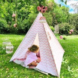 Wooden Cheap Indoor Playhouse Toy Tent Cotton Canvas Indian Kids Teepee Tent