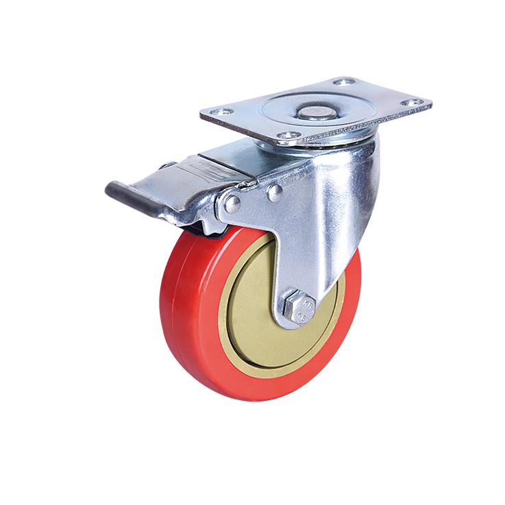 Pllakë e sipërme e kokës me rrotullim të frenave me kërcell fiks 5 inç 125 mm me kushineta me top të dyfishtë Rrota PVC të kuqe me rrota të mesme