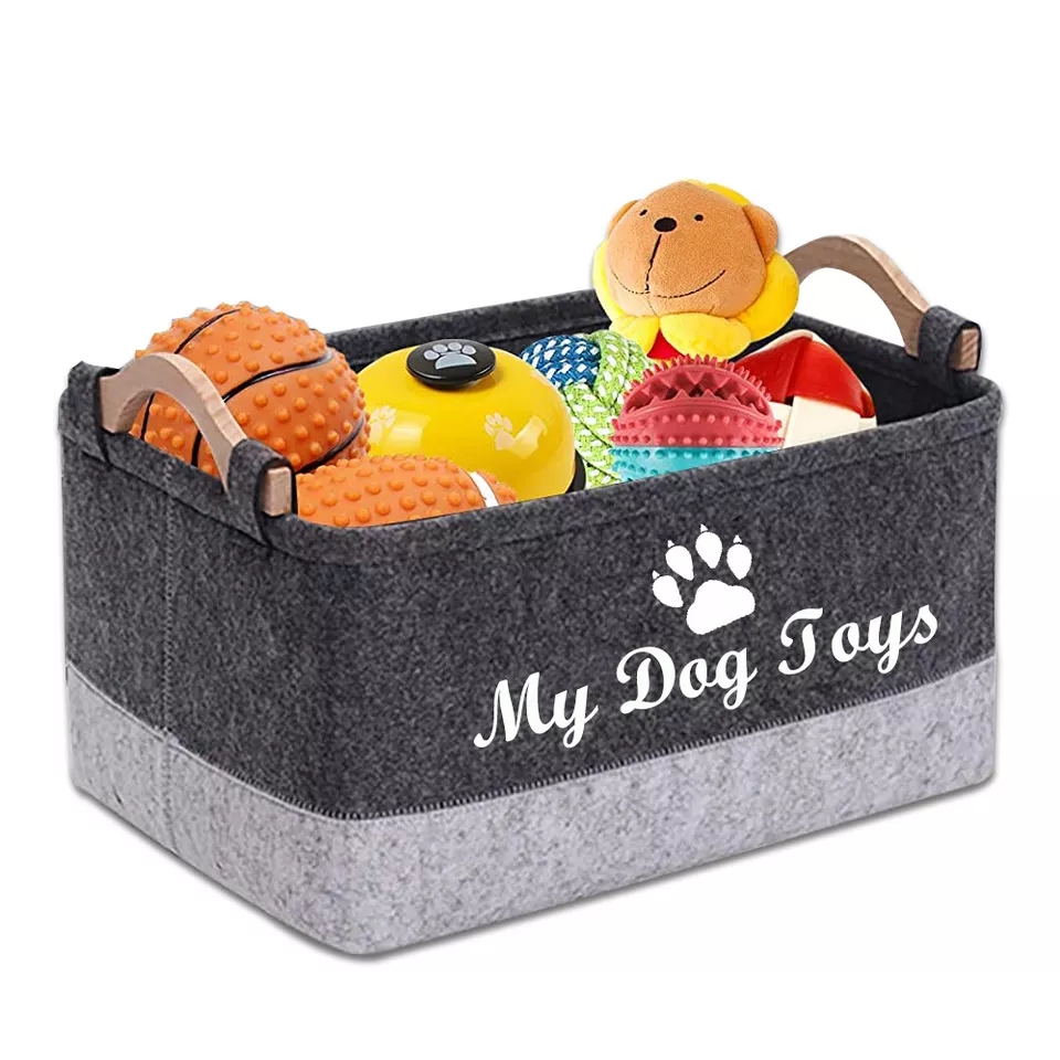 Корзина для зберігання іграшок для домашньої собаки з дерев’яною ручкою прямокутної коробки для іграшок із фетру 2-х тонів