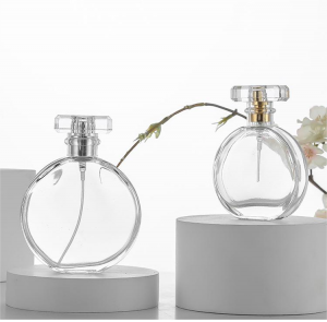 50ml, 100ml Ploščata okrogla prazna steklenička za ženske parfume z razpršilcem in plastičnim pokrovčkom