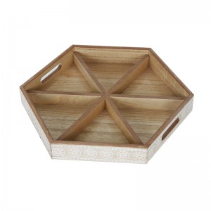 Hexagonal White and Rustic Paulownia Wood Decorative Serving Vanity Display Tray with Cutout Handles