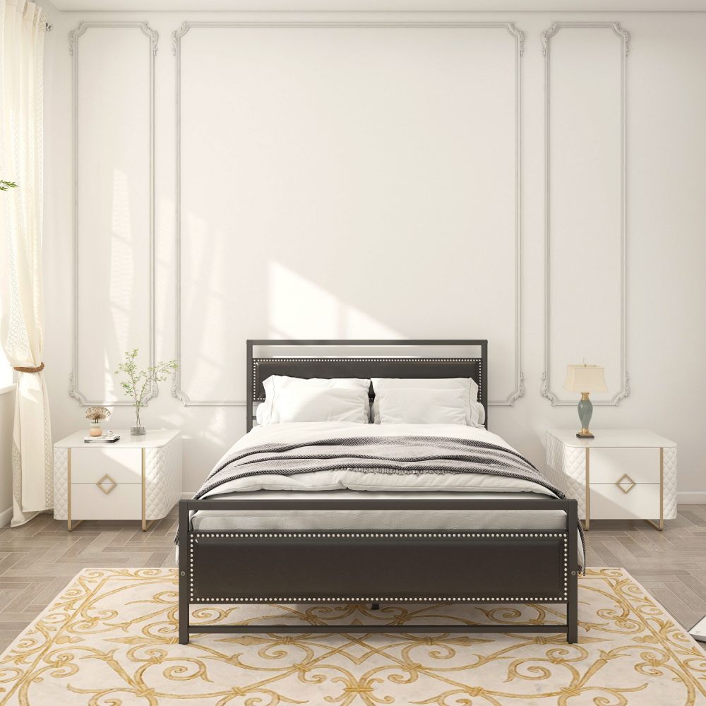 B130-L Metal Bed Frame with Stylish Bubble Nail Embedded Headboard and Footboard