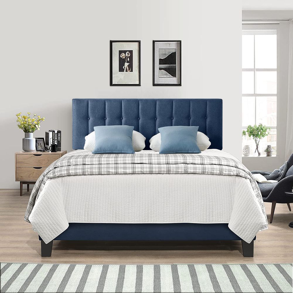 B136-L Queen Size Navy Blue Bed Frame with Adjustable Headboard