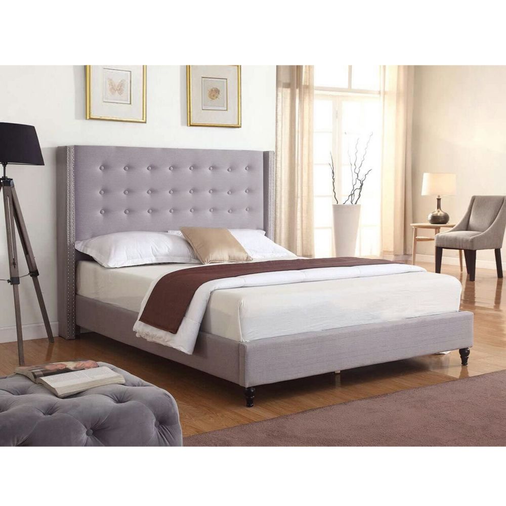 B137-L King Size Bed Frame Velvet Tufted Upholstered Platform Bed With Wingback Headboard