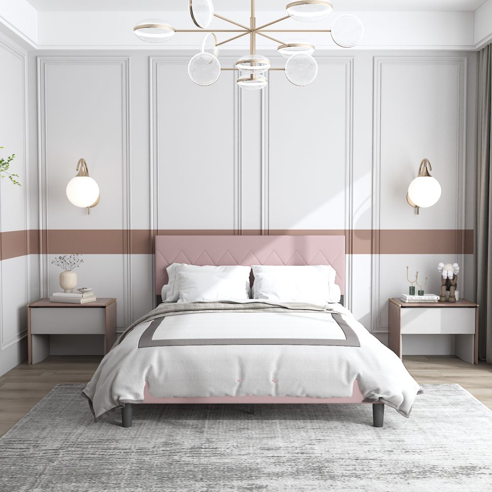 B144-L Tapicerowana rama łóżka w kolorze różowym z zagłówkiem i listwami drewnianymi