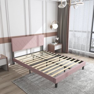 B144-L Estrutura de cama tapizada de cor rosa con cabeceira e soporte de lamas de madeira