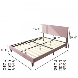 B144-L Cadru de pat tapitat de culoare roz cu tăblie și suport pentru șipci din lemn