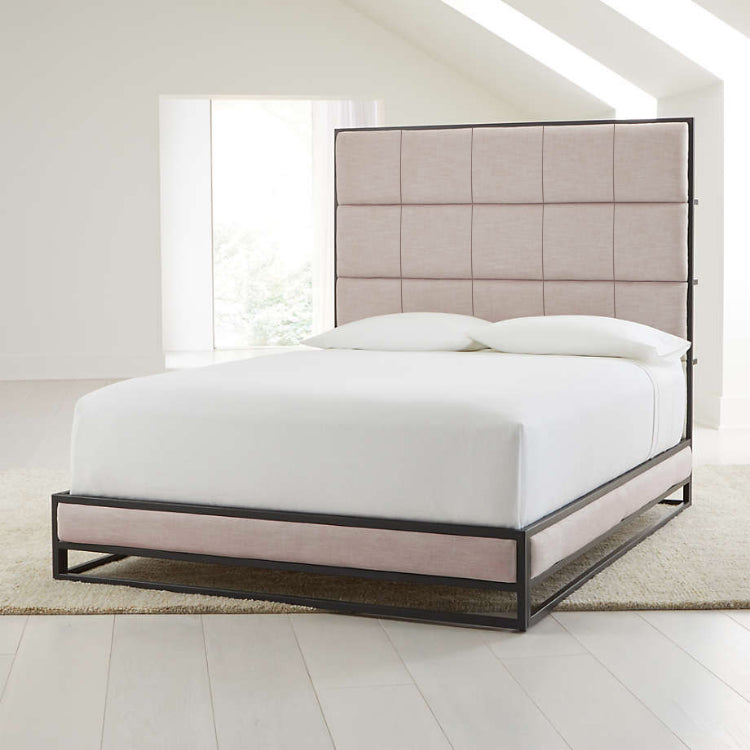 B147-L Upholstered Linen Fabric Platform Bed ine High-back Upholstery Headboard