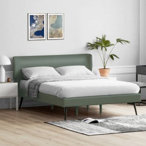 B155-L Armazón de cama tapizado en piel sintética con estilo moderno con listones de madera