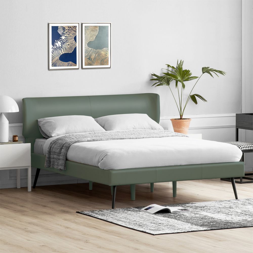 B155-L moderns, stilīgs, mākslīgās ādas polsterēts gultas rāmis ar koka līstēm