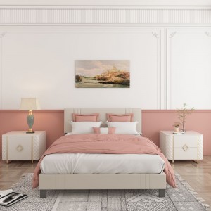 B160-L Modern Beige Upholstered Bed, Stable and Long Lifespan Metal Bed