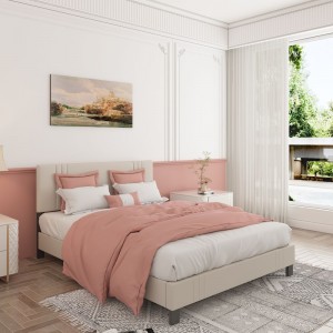 B160-L Modernong Beige Upholstered Bed, Stable ug Long Lifespan Metal Bed Frame