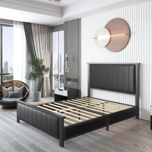 B161-L Moderna, stilīga, melna mākslīgās ādas gulta ar augstu atzveltni, polsterēta platformas gulta