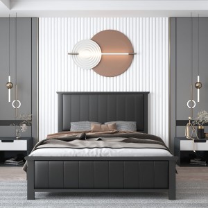 B161-L Moderna, stilīga, melna mākslīgās ādas gulta ar augstu atzveltni, polsterēta platformas gulta