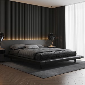 B170-L Low Profile Platform Bed Faux Leather Upholstered Floating Bed Frame