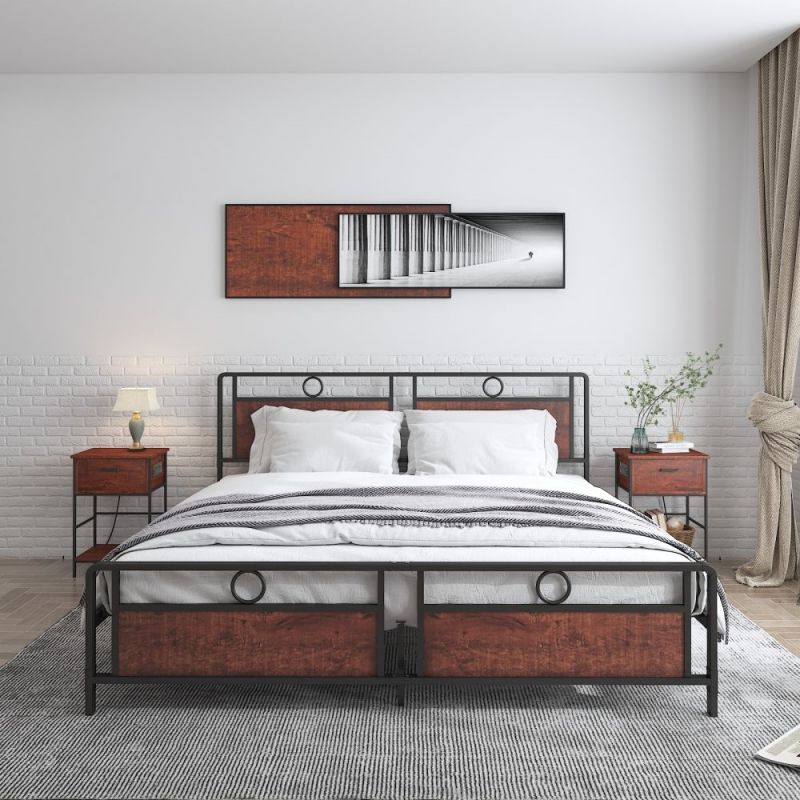 B188 Podwójna rama łóżka z czarnego metalu z drewna