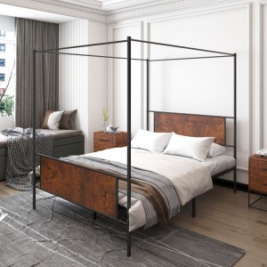 JHB45-J إطار سرير منصة مظلة معدنية سوداء بالحجم الكامل من الخشب الحديدي 4 ملصق سرير