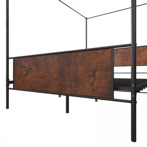 JHB45-J Black Metal Canopy Platform Bed Frame Full Size Iron Wood 4 Poster Bed