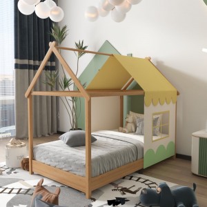 B196-L Zabawne łóżko dziecięce Małe drewniane łóżko dziecięce w kształcie domku