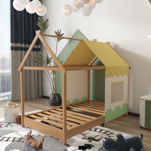 B196-L Krevat për fëmijë me dizajn argëtues Krevat fëmijësh të vogël prej druri në formë shtëpie