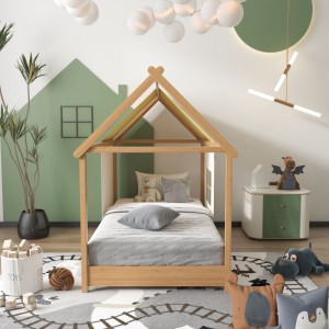 B196-L Fun Design Lit pour enfant Petit lit pour enfant en forme de maison en bois