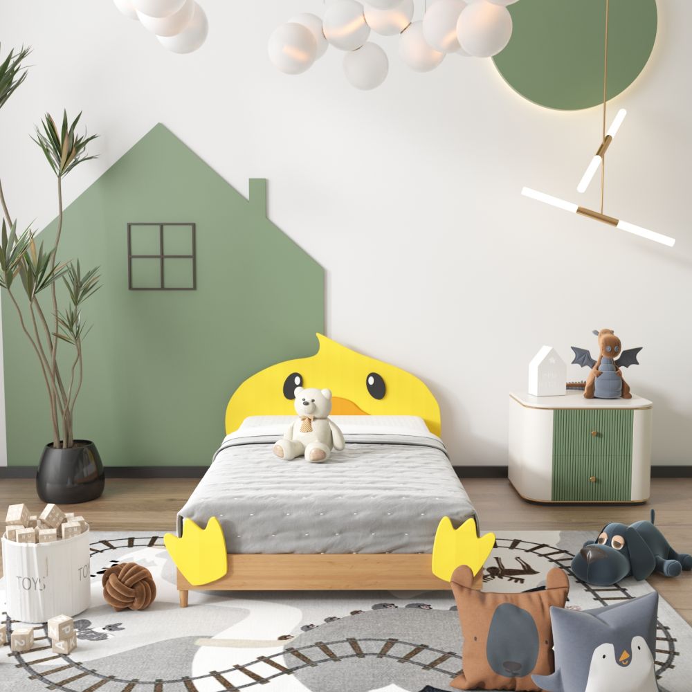 B198-L چھوٹی پیلی بطخ کارٹون پیٹرن ہیڈ بورڈ کے ساتھ پیارا بچوں کا بستر