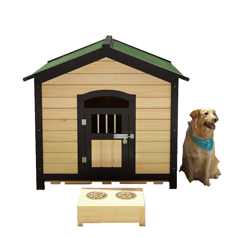 Augstas kvalitātes liela telpa elpojoša laba koka suņu māja ar koka durvīm un pusdienu šķīvi